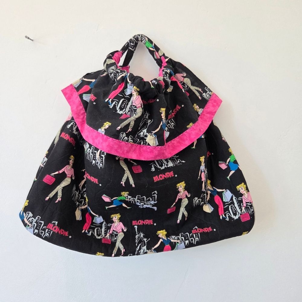 Handmade Blondie In New York 2004 Comic Print Quilted Tote Bag Pink Black Fabric